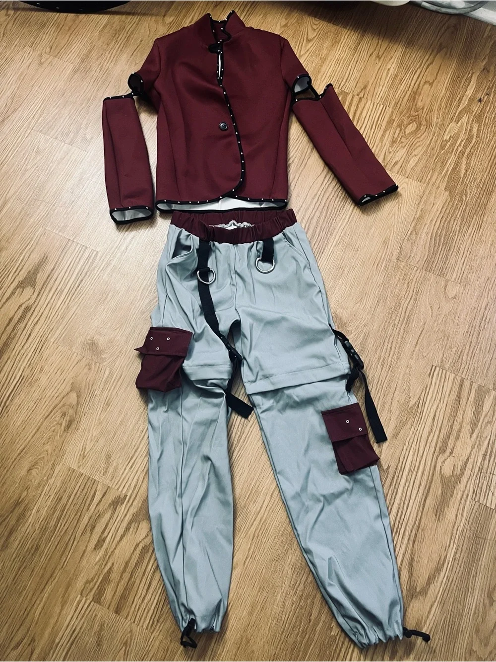 Girl’s Two-Tone Cargo Dance Pants - Maroon & Gray - with white suspenders